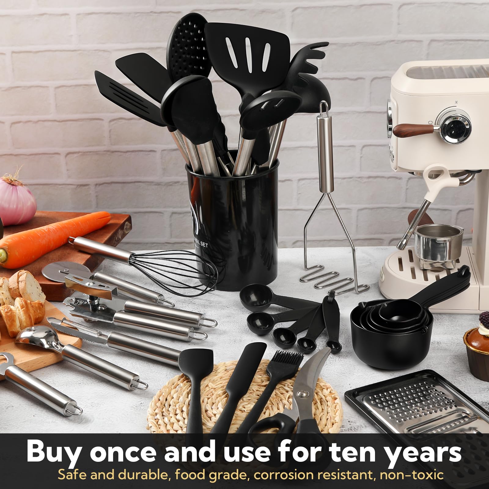33 Pack Non-Stick black silicone cooking utensils set, Heat Resistant & Dishwasher Safe with Stainless Steel Handles for Non-Scratch Cooking and Baking，Outdoor Cooking, and Small Apartments