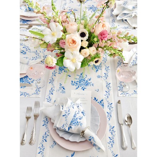 Solino Home Blue Floral Print Table Runner 60 inch - 100% Pure Linen Table Runner 14 x 60 Inch for Winter, Spring, Easter - Handcrafted and Machine Washable - Jolie Fleur Print