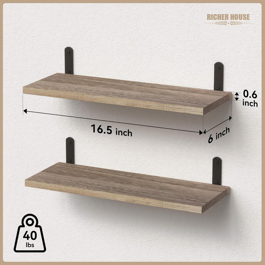 RICHER HOUSE Rustic Wood Floating Shelves - Set of 2 Farmhouse Style Wall Décor | Carbonized Black