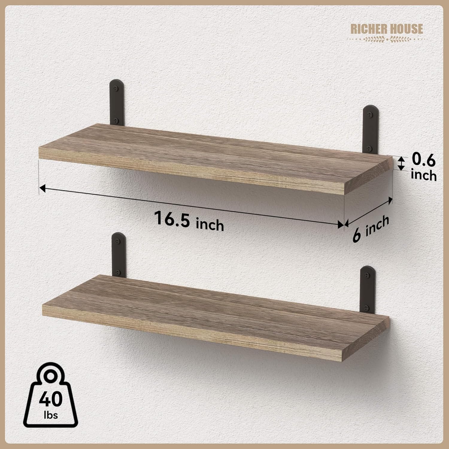 RICHER HOUSE Rustic Wood Floating Shelves - Set of 2 Farmhouse Style Wall Décor | Carbonized Black
