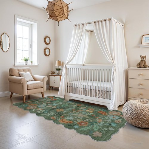 Hallway 3x6 Washable Runner Rug - Soft Non-Slip Floral Scalloped Carpet for Elegant Home Decor | Green