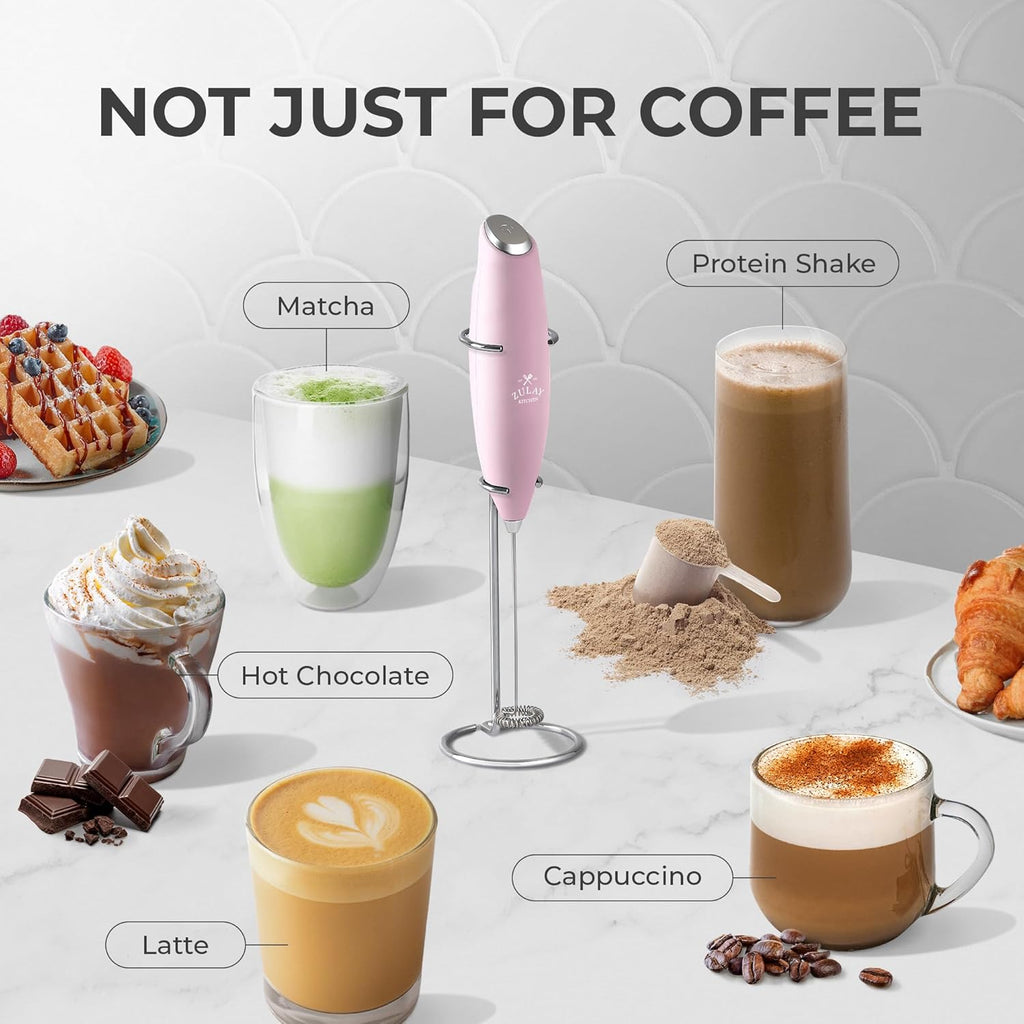Zulay Powerful Milk Frother (4 Duracell Batteries Included) - Handheld Milk Frother Wand Drink Mixer for Coffee - Powerful Milk Foamer for Cappuccino, Frappe, Matcha & Creamer - Cotton Candy