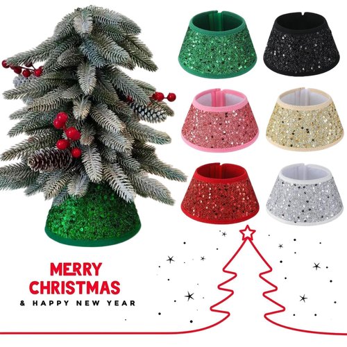 TWSANTAMAS 7.5 Inch Glittering Christmas Tree Collar, Sequin Rustic Mini Tree Skirt Base Cover for Small Tabletop Trees, Holiday Home Decor Gift, Green
