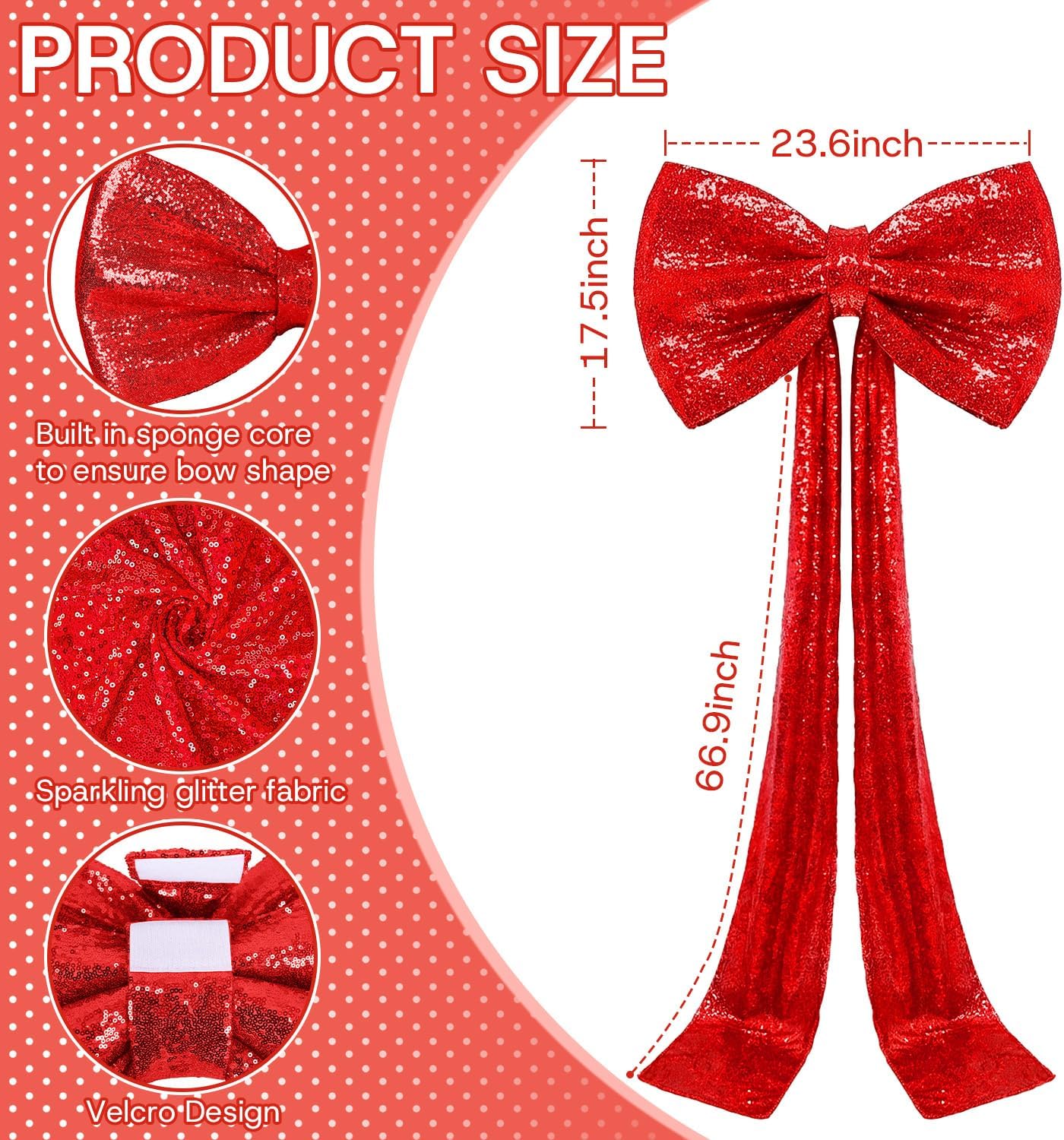 Sequin Giant Bow - Oversized Red Decoration with Long Ribbon | 75 x 23 Inch for Weddings & Parties
