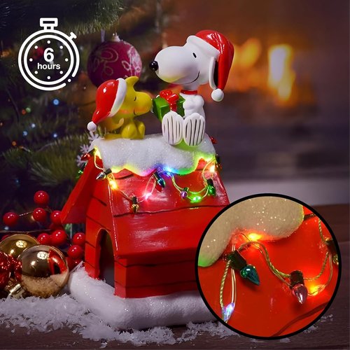 Mark Feldstein Peanuts Snoopy's Dog House Figurine - LED Christmas Lights, Red, 7.5 Inch