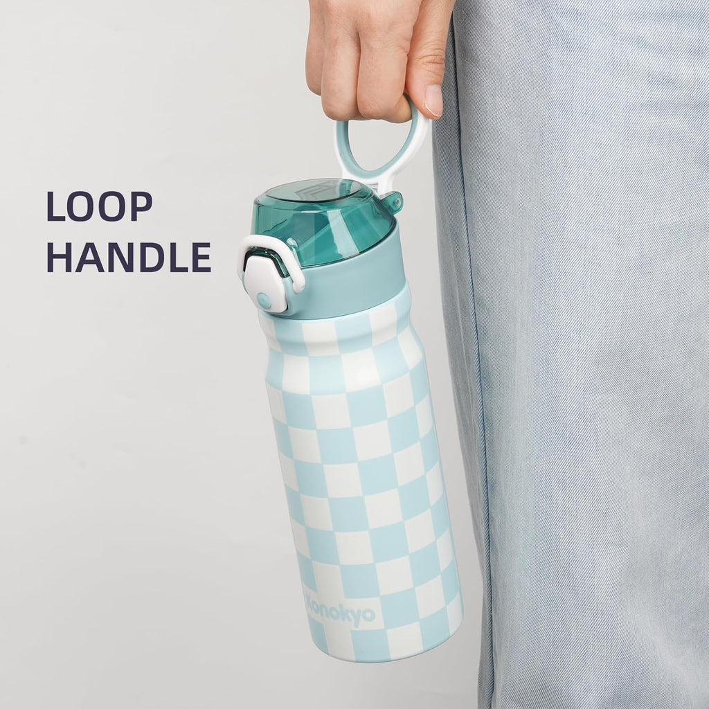 Skiennix Insulated Water Bottle - 18 oz Stainless Steel Flask with Straw & Carry Loop | Blue White Plaid