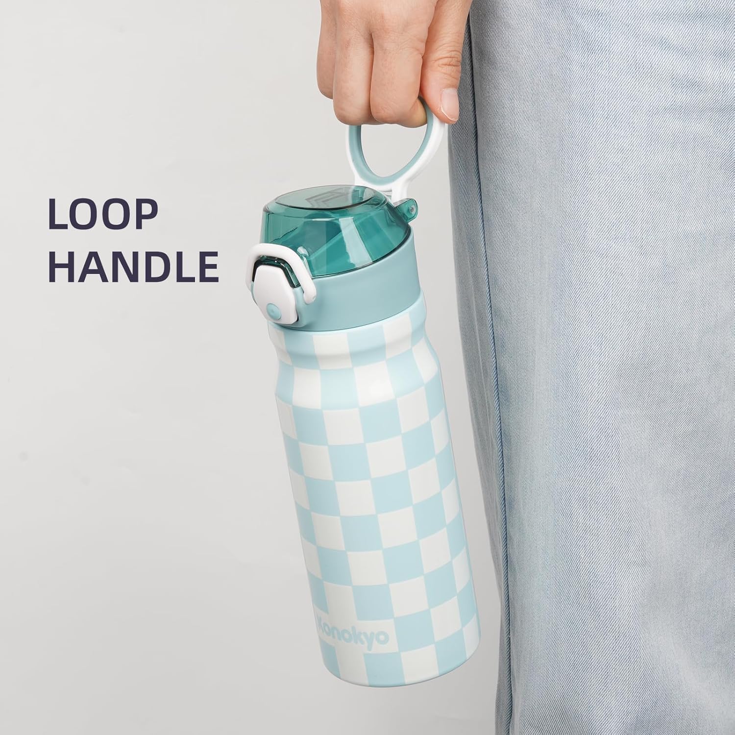Skiennix Insulated Water Bottle - 18 oz Stainless Steel Flask with Straw & Carry Loop | Blue White Plaid