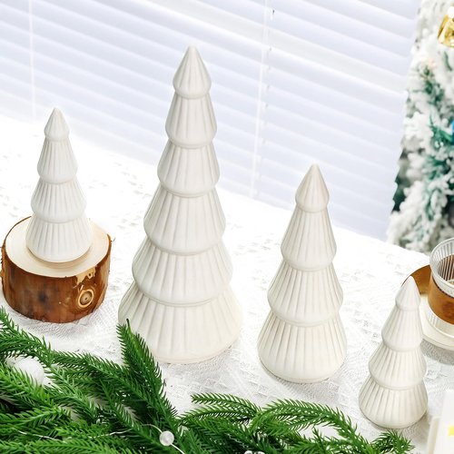 4 Pcs 12.5inch Ceramic Christmas Tree White Table Top Christmas Decorations Indoor Vintage Porcelain Lighted Tree for Holiday Decor (Beige)