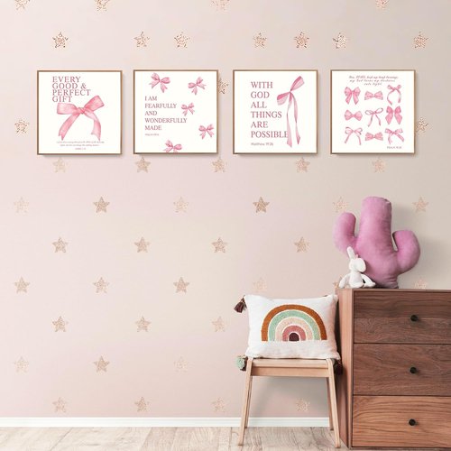 LARTSFRO Coquette Pink Bow Wall Art | Aesthetic Decor for Teen Girls - Set of 4 Unframed 10x10 Inch Prints