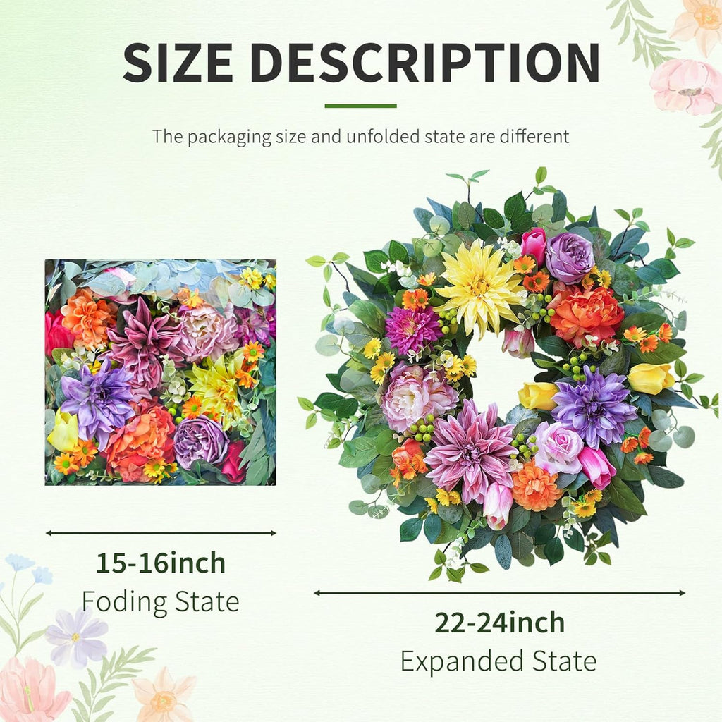 Skiennix 24-Inch Spring Summer Wreath - Luxury Colorful Floral Design with Chrysanthemums, Roses & Tulips