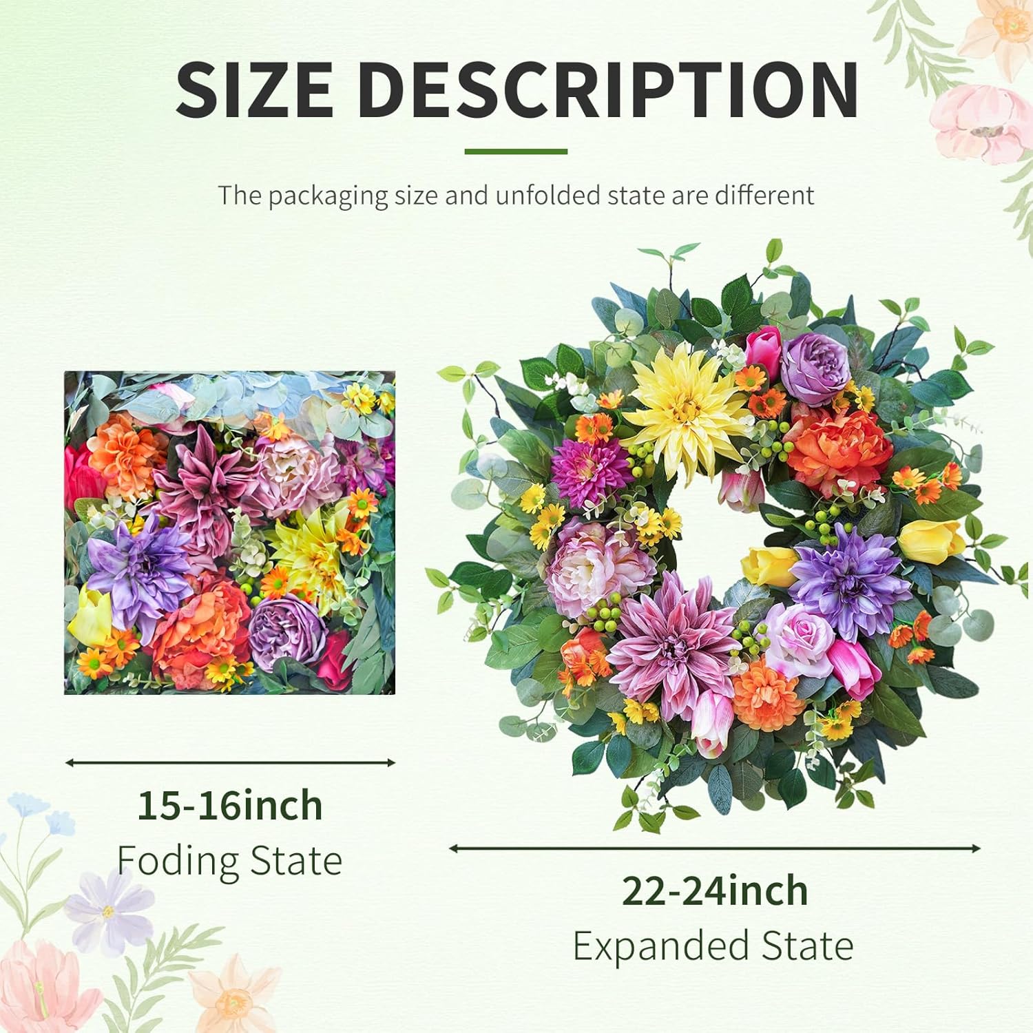 Skiennix 24-Inch Spring Summer Wreath - Luxury Colorful Floral Design with Chrysanthemums, Roses & Tulips