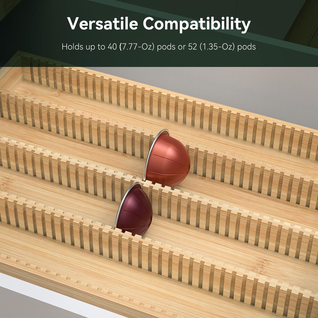 WELL WENG for Nespresso Vertuo Capsules - Premium Bamboo Coffee Pod Drawer Insert Organizer for Counter 15"Dx10"Wx1.5"H (40 Big or 52 Small pods)