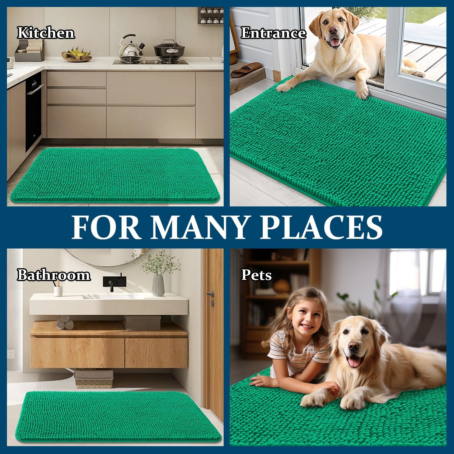 OLANLY Dog Door Mat - Absorbent Non-Slip Mud Mat for Indoor Use | Quick Dry Chenille, 24x16 Emerald Green