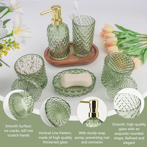 5Pcs Glass Bathroom Accessories Set,Green Vintage Bathroom Accessory Set, Bathroom Counter Sink Toothbrush Holder Set Includes 13.5oz Hand/Lotion Soap Dispenser & Tumbler & Soap Dish & Qtip Holders