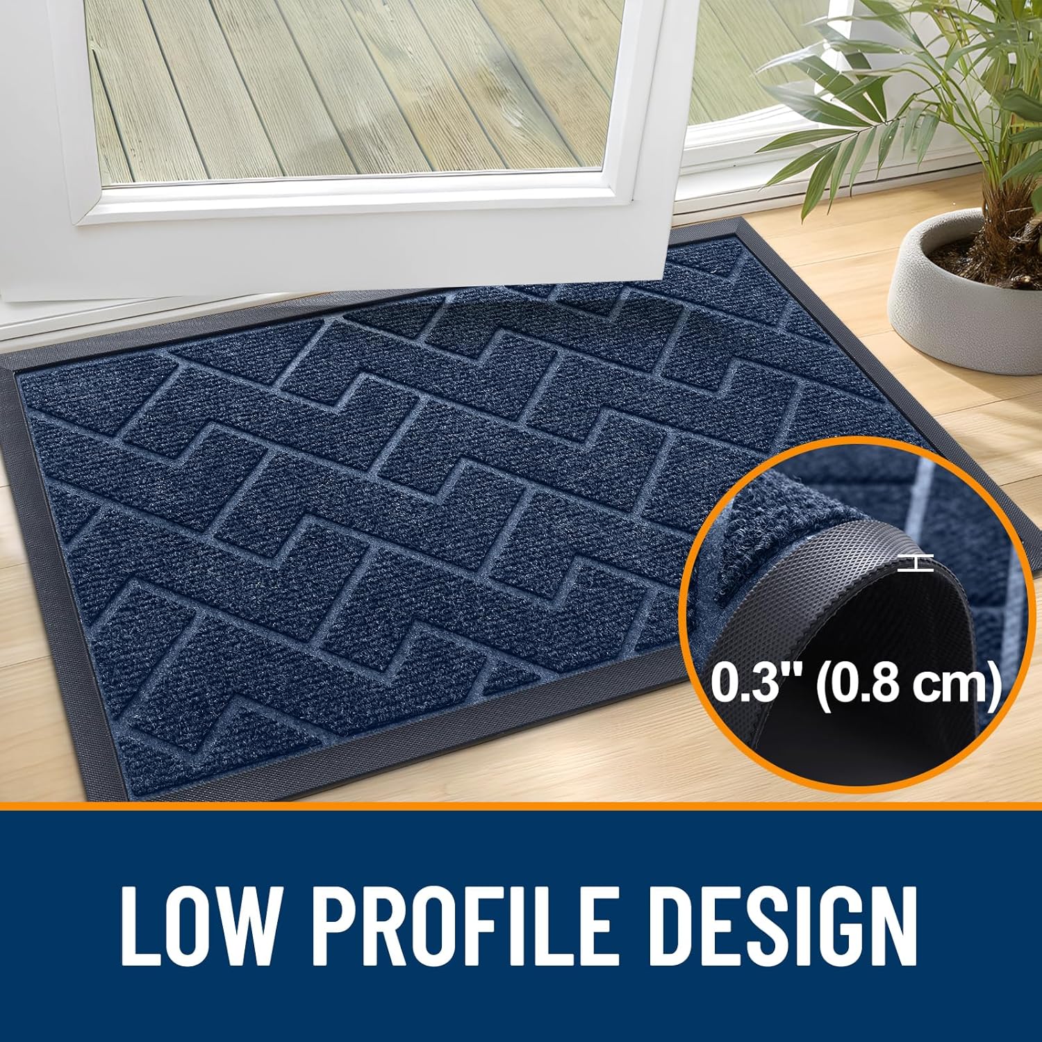 OLANLY Waterproof Front Door Mat - All-Season Indoor/Outdoor Doormat | Sturdy Natural Rubber, Herringbone Brick (Blue, 47x23)