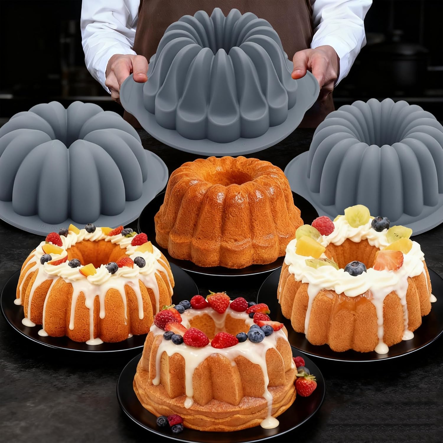 Tongjude Silicone Fluted Tube Cake Pans - 4-Piece Non-Stick Baking Set for Cakes, Jello & Bread - Grey