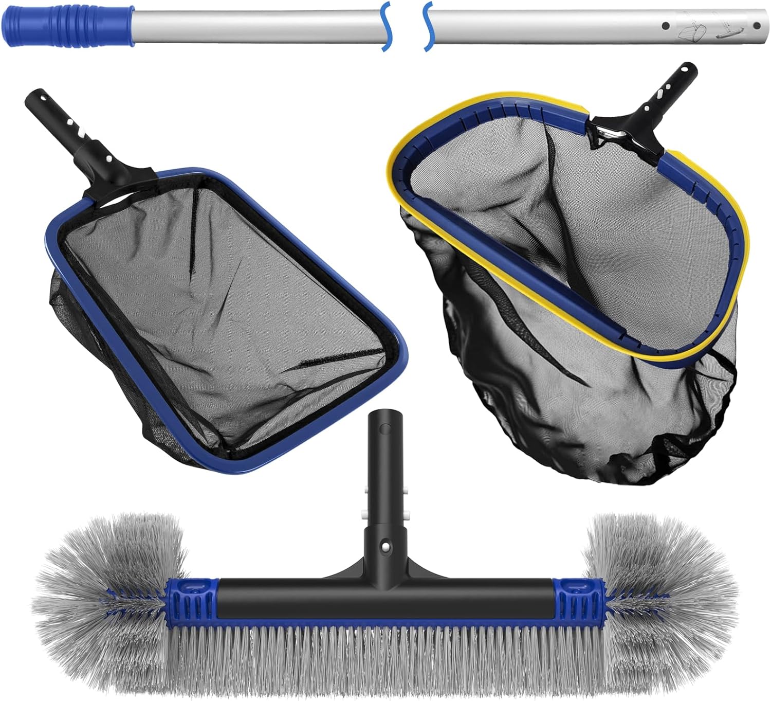 Poolvio 5-in-1 Pool Cleaning Kit - Semi-Deep Skimmer Net, Aluminum Leaf Rake & 20' Brush with 13' Pole