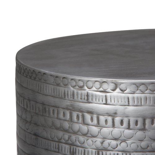 SIMPLIHOME Johnsen Metal Table - 15 inch Wide Solid Iron Drum Accent Table in Antique Silver with Tribal Pattern, Round Boho End Table for Living Room, Bedroom, or Home Office, Fully Assembled
