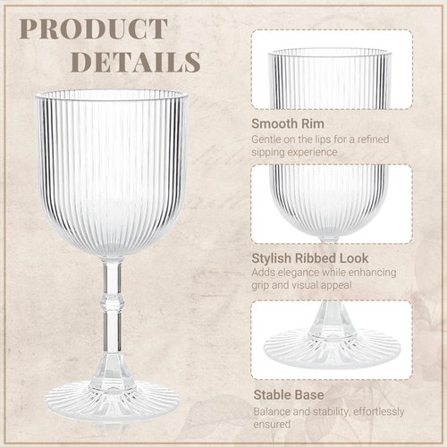 LEYIQU Plastic Wine Glasses 9oz Set, Ribbed Vintage Goblets Unbreakable Reusable BPA-Free Stemmed Drinking Glasses for Parties, Weddings & Events (Clear, 24pcs)
