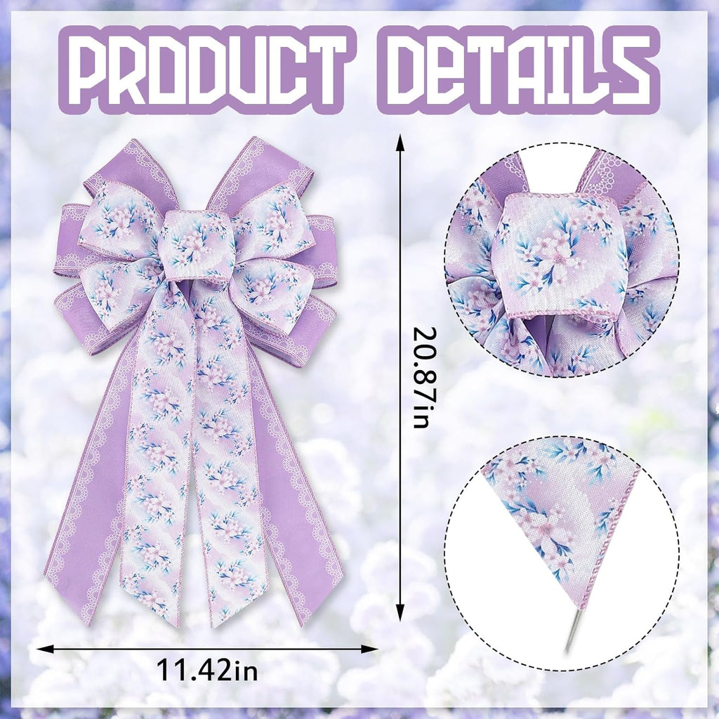 Spring Floral Wreath Bows - Purple Burlap Wired Bows with Lace for Rustic Indoor/Outdoor Decor