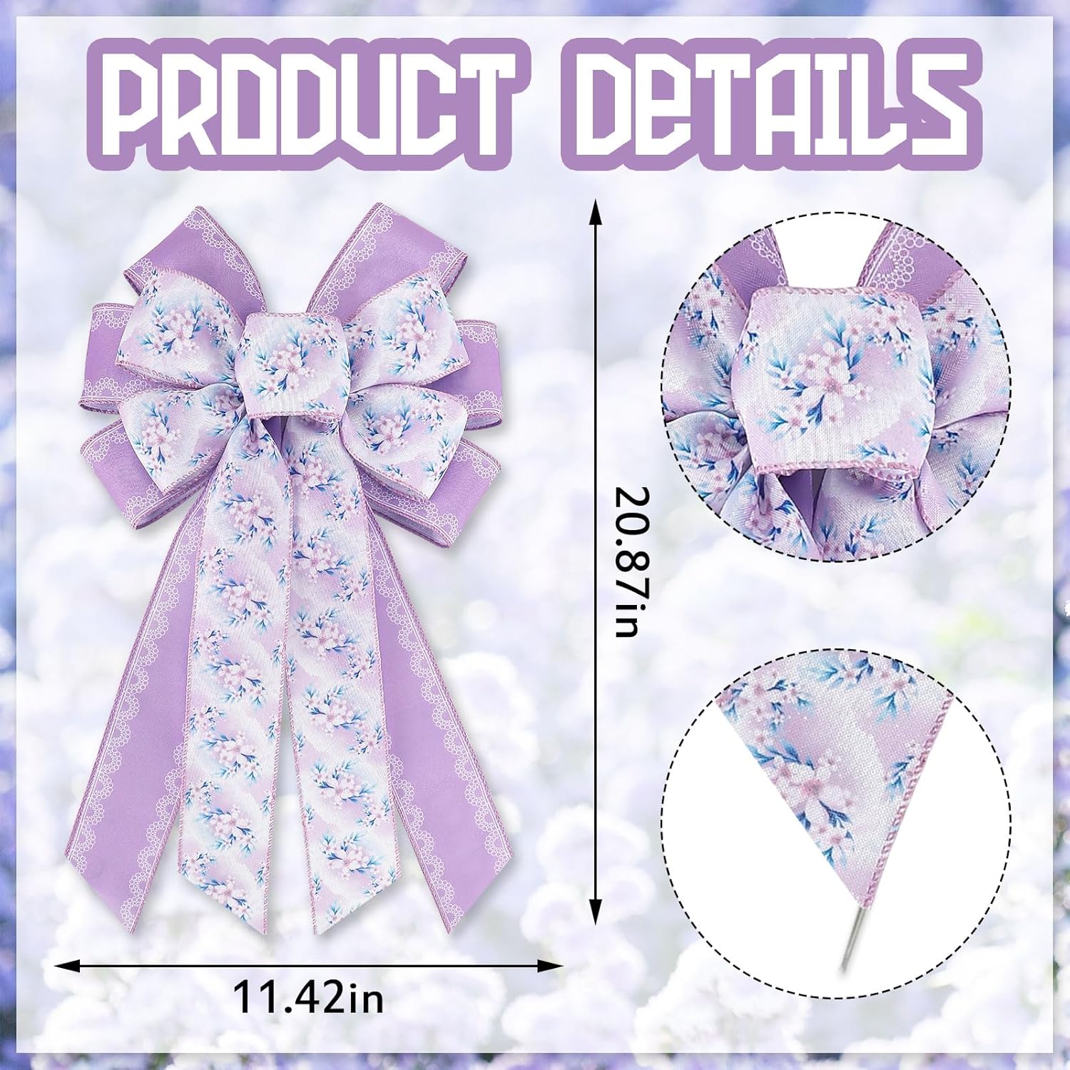 Spring Floral Wreath Bows - Purple Burlap Wired Bows with Lace for Rustic Indoor/Outdoor Decor