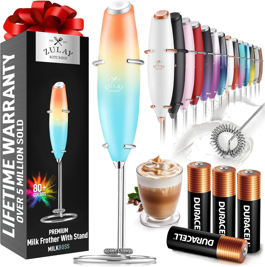 Zulay Kitchen Powerful Milk Frother Wand With 4 AA Duracell Batteries - Ultra Fast Handheld Drink Mixer - Electric Whisk Foam Maker for Coffee, Lattes, Cappuccino, Matcha & Creamer