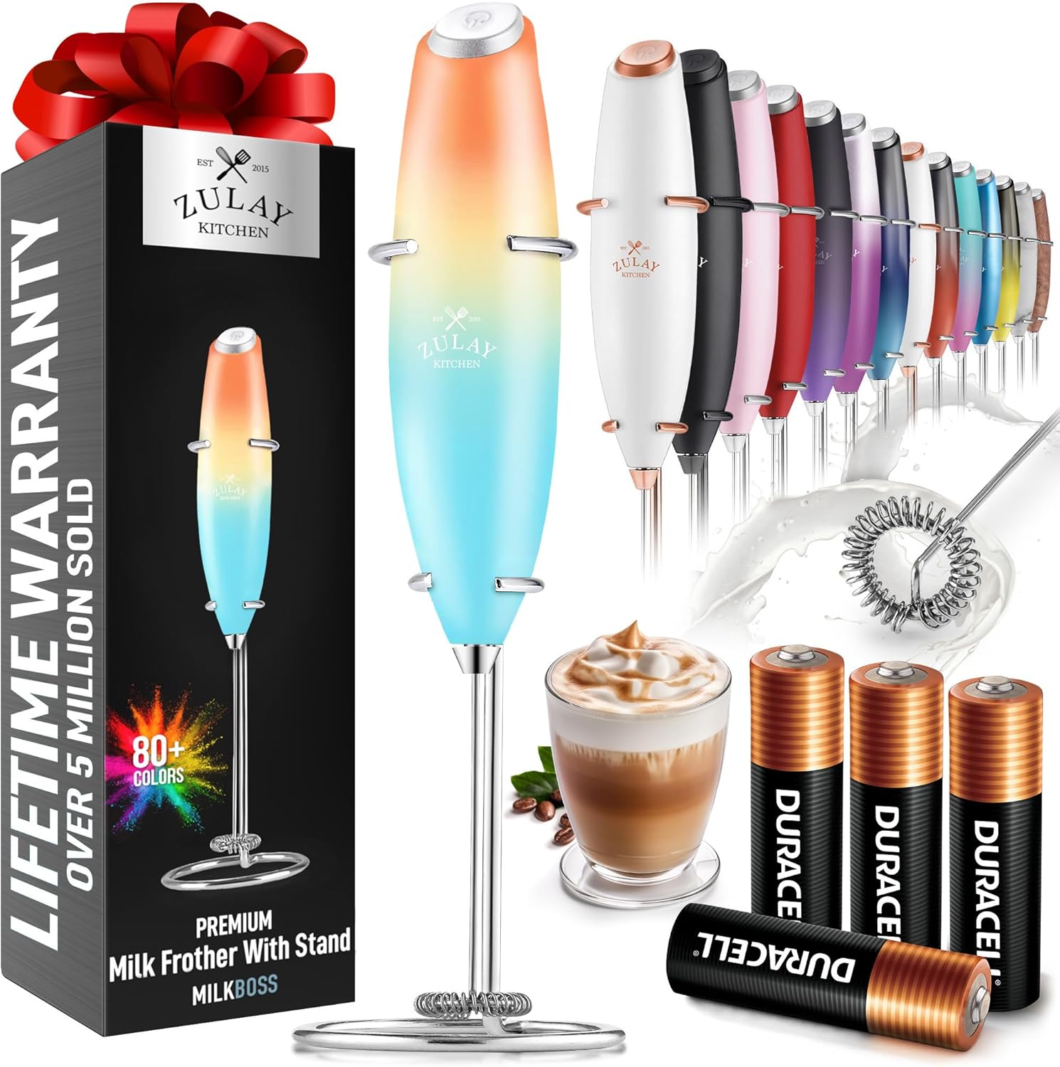 Zulay Kitchen Powerful Milk Frother Wand With 4 AA Duracell Batteries - Ultra Fast Handheld Drink Mixer - Electric Whisk Foam Maker for Coffee, Lattes, Cappuccino, Matcha & Creamer