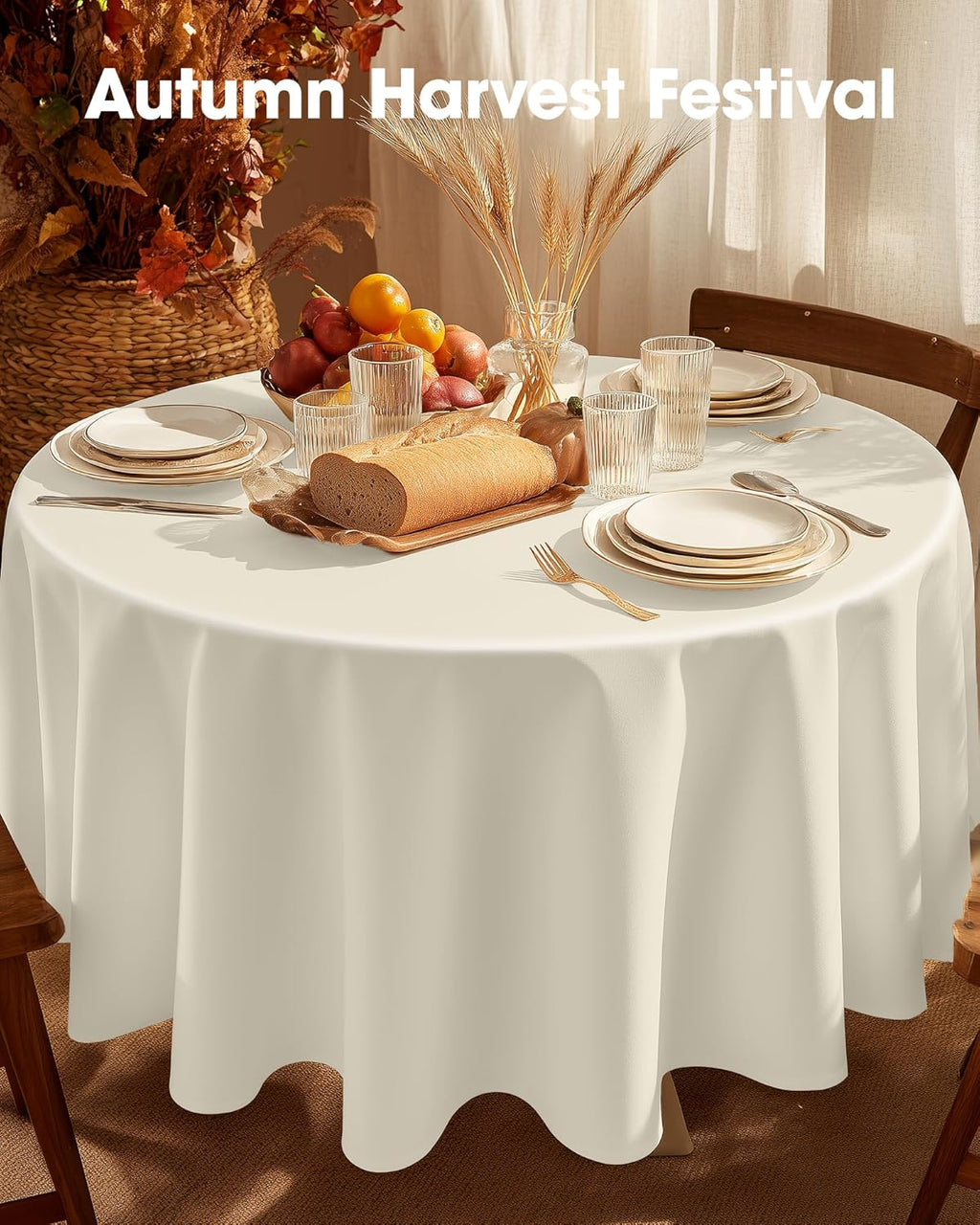 Pureegg Disposable Plastic Table Cloths - 84'' Round, Sturdy & Leakproof, Beige | 10 Pack for Parties & Weddings