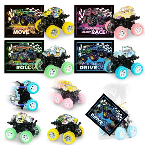 24 Pack Valentines Day Cards with Monster Truck Toy for Kids School, Valentines Day Gifts for Kids, Valentine Greeting Cards Exchange for School Classroom, Party Favors Prizes for Boys Girls