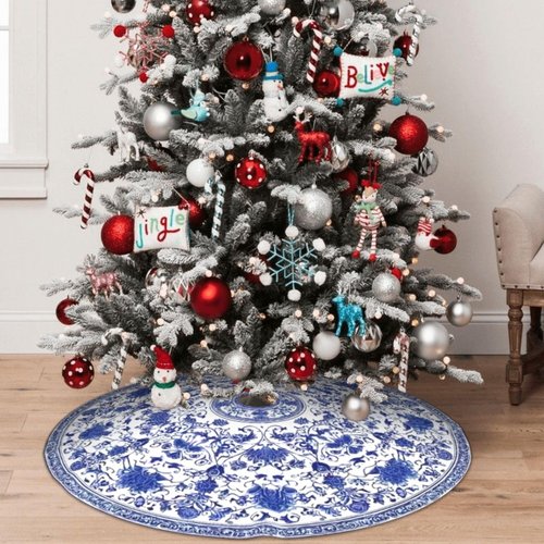 Blue and White Flower Christmas Tree Skirt 36 Inch Xmas Tree Mat Party Decor Supplies for Holiday Home Decorations