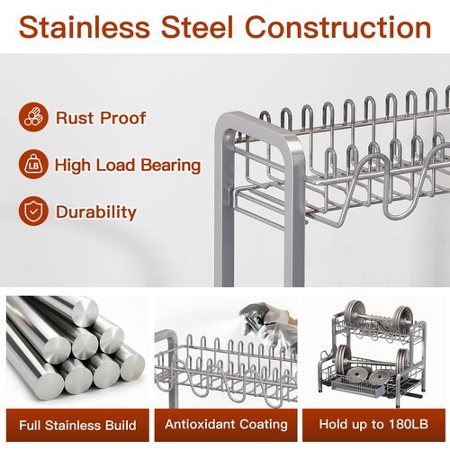 2 Tier Dish Drainer Drying Rack for Kitchen Counter Large Stainless Steel Dishes Drain with Drainboard Set, Space Saving, Big Modern Black Countertop Metal Plate Dryer Strainer Holder and Extra Tray