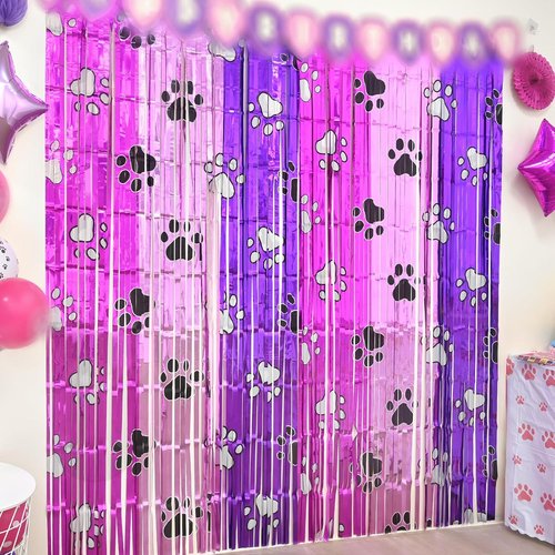 Bupelo Pink Paw Birthday Decorations - 2 Pack Tinsel Foil Fringe Curtains | Dog Party Backdrop 3.3 x 6.6ft