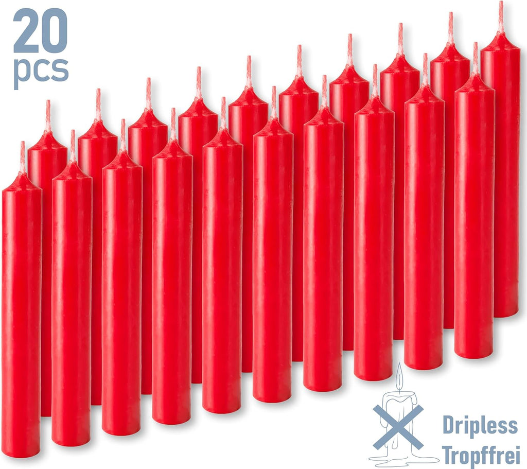 BRUBAKER Mini Taper Candles - 20 Pcs Unscented Red Candles for Rituals, Weddings & Home Decor | 3¾ x ½ Inches