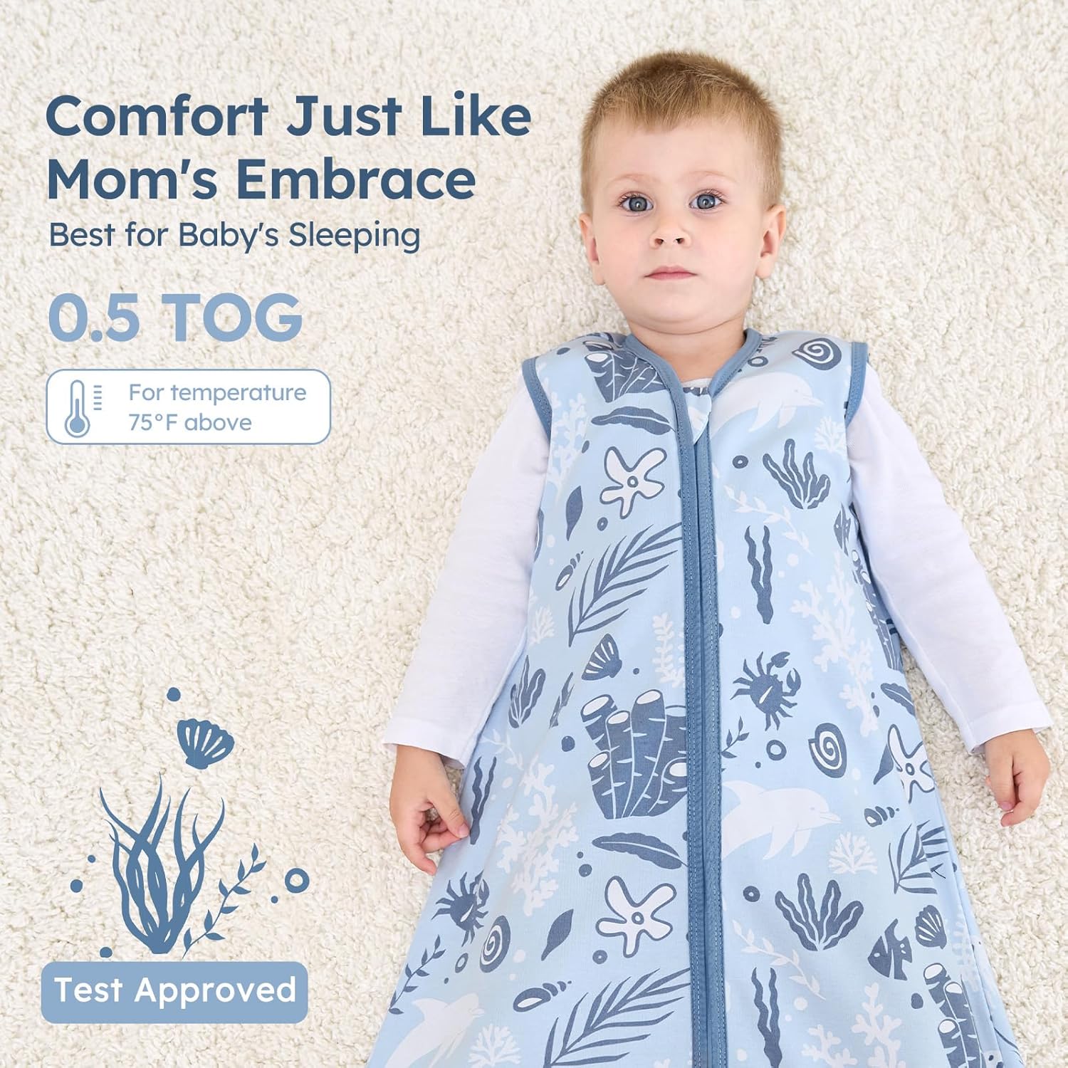 Unnivoll Baby Sleep Sack - 100% Cotton Lightweight 0.5 TOG Wearable Blanket for Infants | Blue Dolphin, 0-6 Months