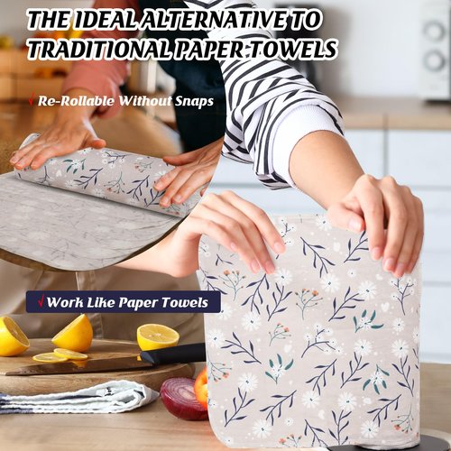 Poyday Paper Towels Washable Roll: 25Pack Cotton Cloth Paper Towels 11.8x11.8In Absorbent Soft Flannel Paperless Towels Alternative for Kitchen Reusable Napkins Zero Waste (Flower, Large)