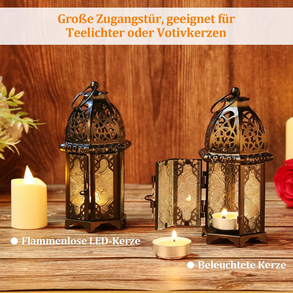 IMAGE Metal Candle Lantern - 6.7" Hanging Moroccan Birdcage Holder with Glass - Black Tabletop Decor
