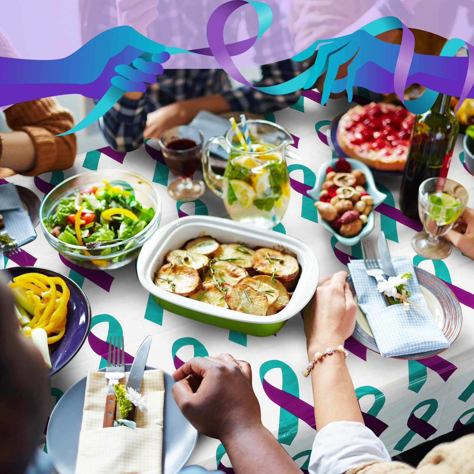 Buryeah 3 Pcs Suicide Awareness Tablecloth Suicide Prevention Month Items Purple and Teal Ribbon Rectangle Disposable Plastic Table Covers Suicide Prevention Decoration for Home Community Events