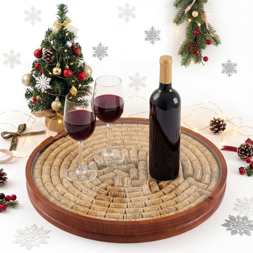Maxdot Wine Cork Holder Decorative Wine Lover Creative Wedding Gifts for Couples Wooden Lazy Susan for Countertop with Glass Protective Cover Can Store 130 Corks Stoppers Display Bar Table Centerpiece