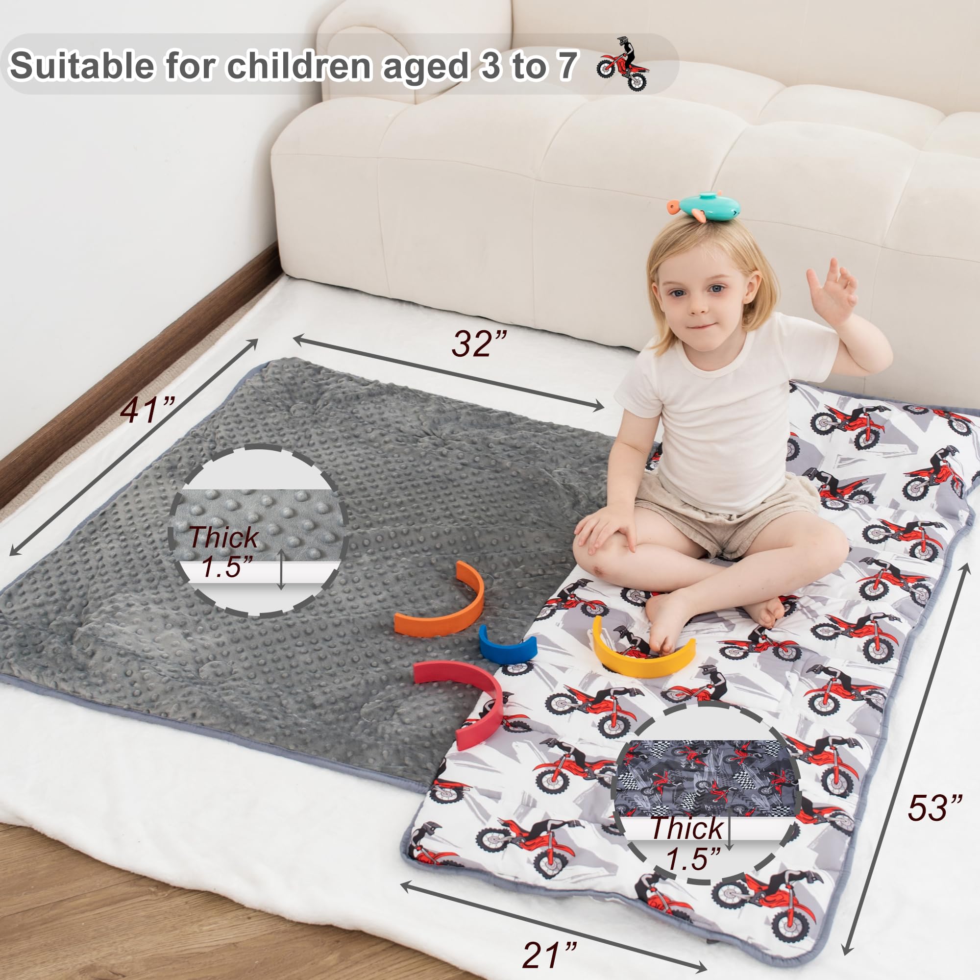 Viviland Toddler Nap Mat with Pillow and Minky Dot Blanket, Rolled Large Sleeping Mat for Boys, Kids Slumber Bag/Nap Mat for Preschool, Daycare, Kindergarten, Travel Camping - Cool Motocycle