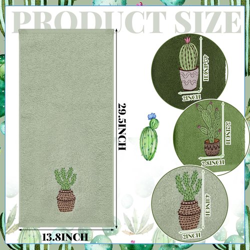 FuWeave 3 Pcs Green Cactus Summer Hand Towels for Bathroom 100% Cotton 29.5 x 13.8'' Embroidered Decorative Absorbent Soft Bath Hand Towels for Bathroom Kitchen Gift Decor