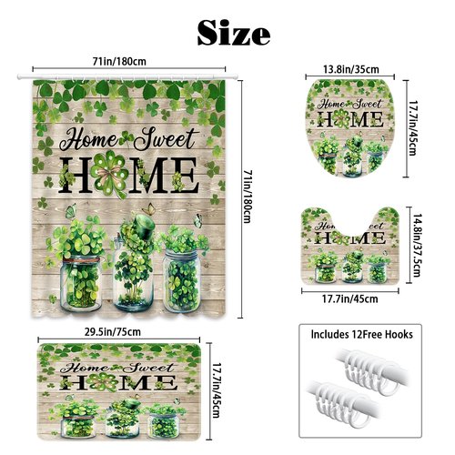 MEHOFOND 4pcs St. Patrick's Day Shower Curtain Set with Non-Slip Rugs Toilet Lid Cover and Bath Mat,Green Shamrock Clover Shower Curtain Set,Irish St Patrick's Day Home Sweet Home Bathroom Decor