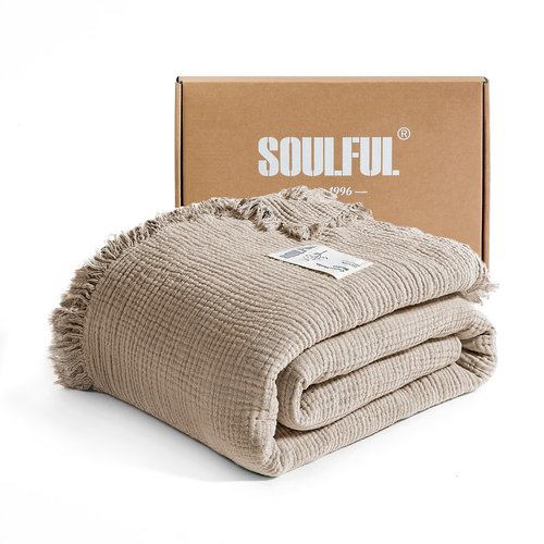 SOULFUL Muslin Throw Blanket with Tassels - Soft King Size Cotton Throw Blanket for Couch or Bed, Lightweight and Breathable Gauze for All Seasons, Light Tan, 108" x 90"