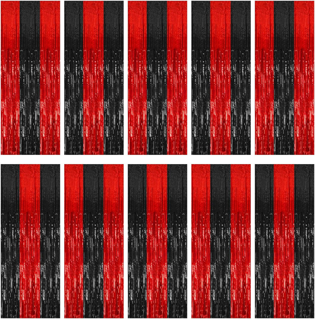 Skiennix 10 Pack Tinsel Curtain Backdrop Decorations - Black & Red Foil Fringe for Parties & Events