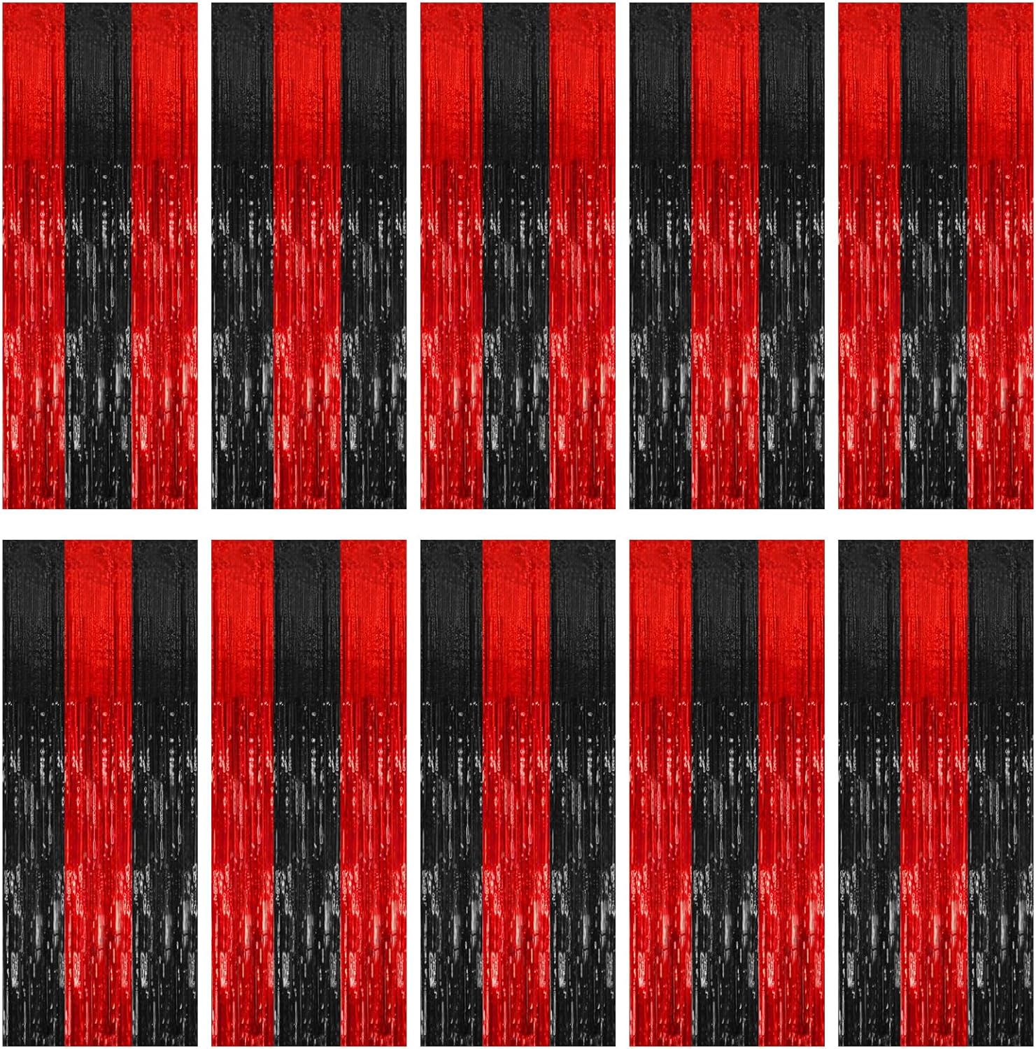 Skiennix 10 Pack Tinsel Curtain Backdrop Decorations - Black & Red Foil Fringe for Parties & Events