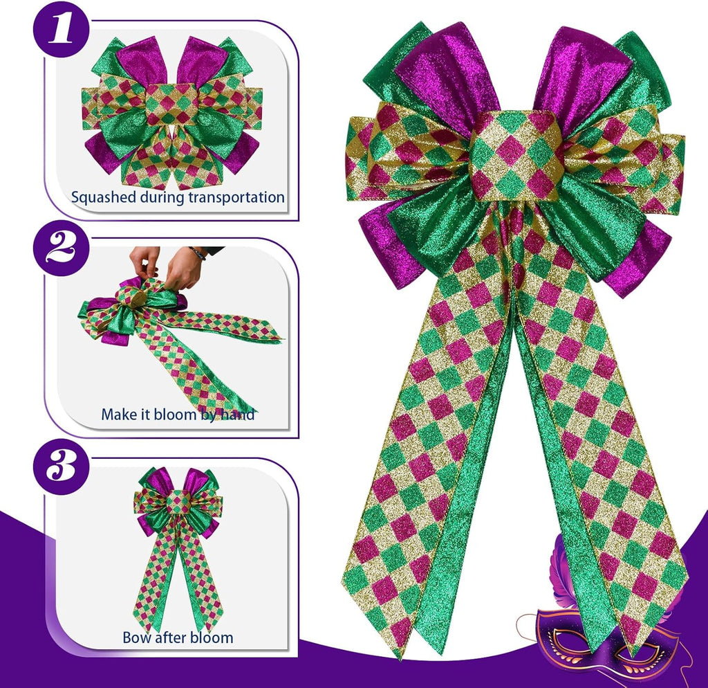 Skiennix Mardi Gras Bows - 12”x20” Large Glitter Tree Topper Decor for Holiday Parties | Gold, Green, Purple