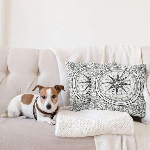 Ambesonne Compass Decorative Throw Pillow Case Pack of 2, Hand Drawn Windrose in Line Art Style Nautical Illustration Coloring Book Design, Couch Bedroom Living Room Cushion Cover, 18", White Black