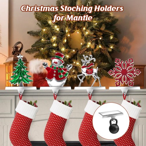 MERRI GLOW Christmas Stocking Holders for Mantle Set of 2, Heavy Duty 3D Stocking Stand Weighted Stocking Hooks Christmas Ornaments Decorations for Fireplace Tabletop