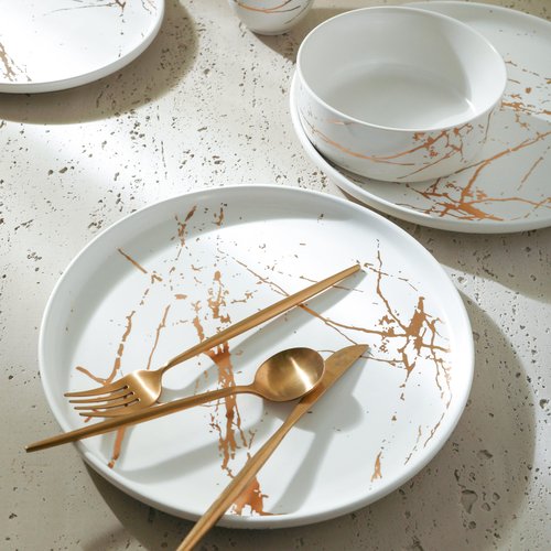 Stone Lain Porcelain 16 Piece Dinnerware set, 4 Full White Gold Splash Sets