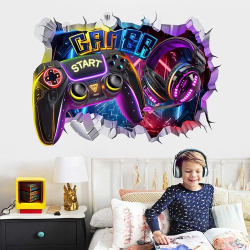 Decalmile Large 3D Gamer Controller Wall Decals - Video Gaming Joystick Stickers for Boys' Bedrooms & Playrooms