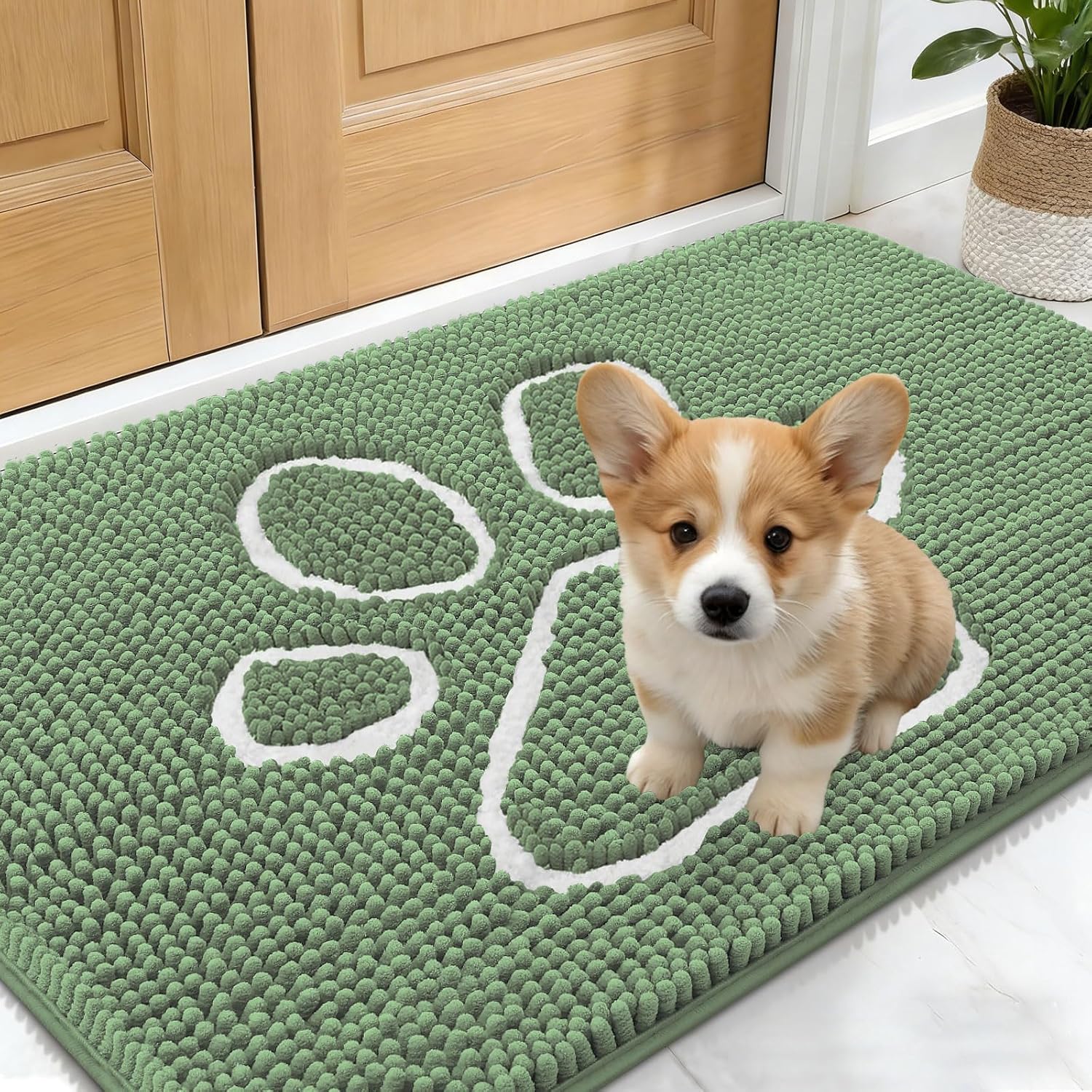 OLANLY Dog Door Mat - Absorbent Muddy Paws Doormat | Non-Slip Chenille, 24x16, Olive Green & White